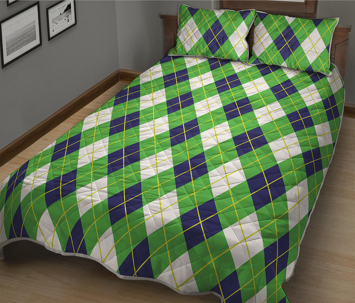 Green Navy And White Argyle Print Quilt Bed Set
