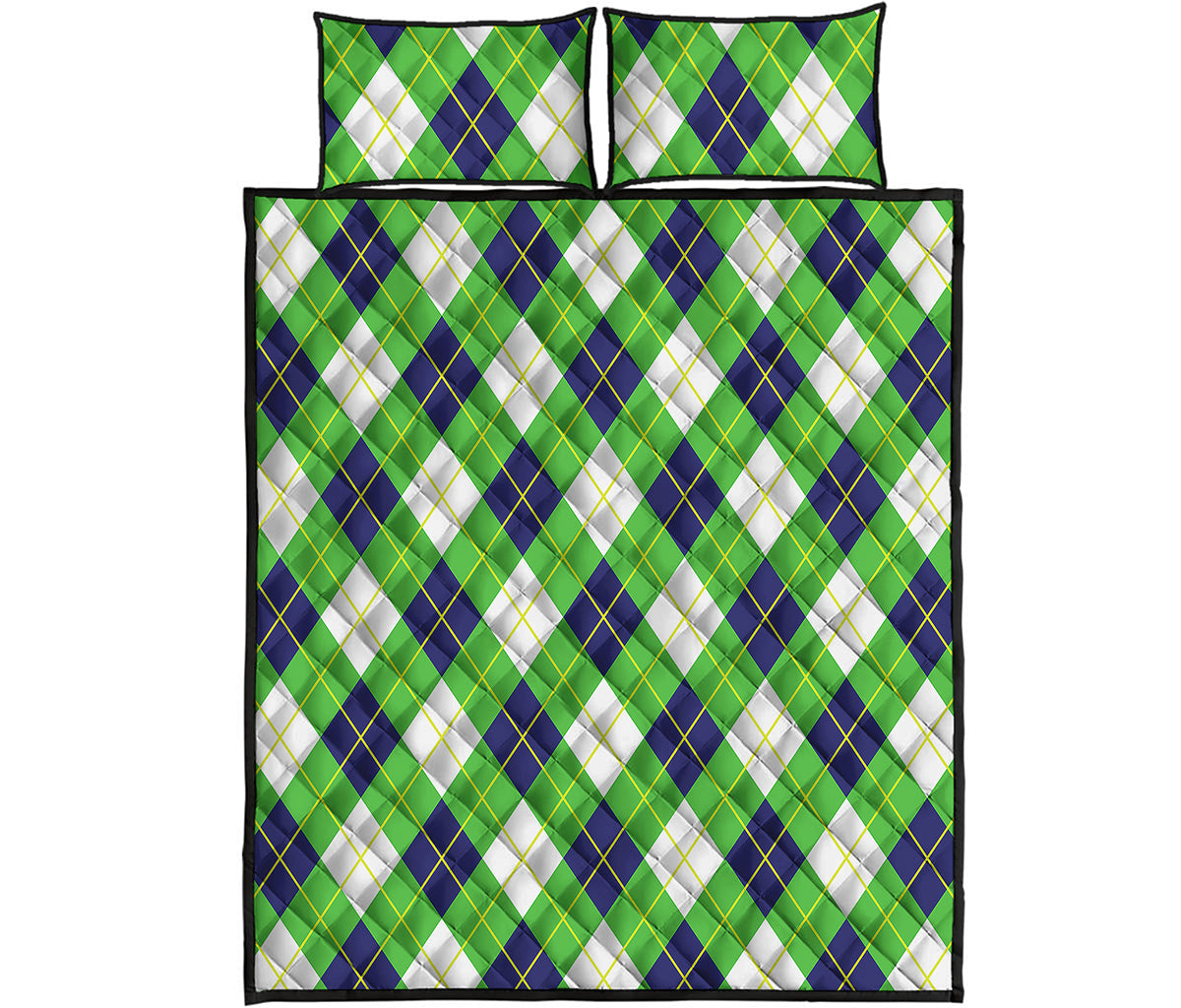 Green Navy And White Argyle Print Quilt Bed Set