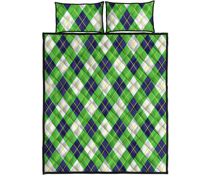 Green Navy And White Argyle Print Quilt Bed Set