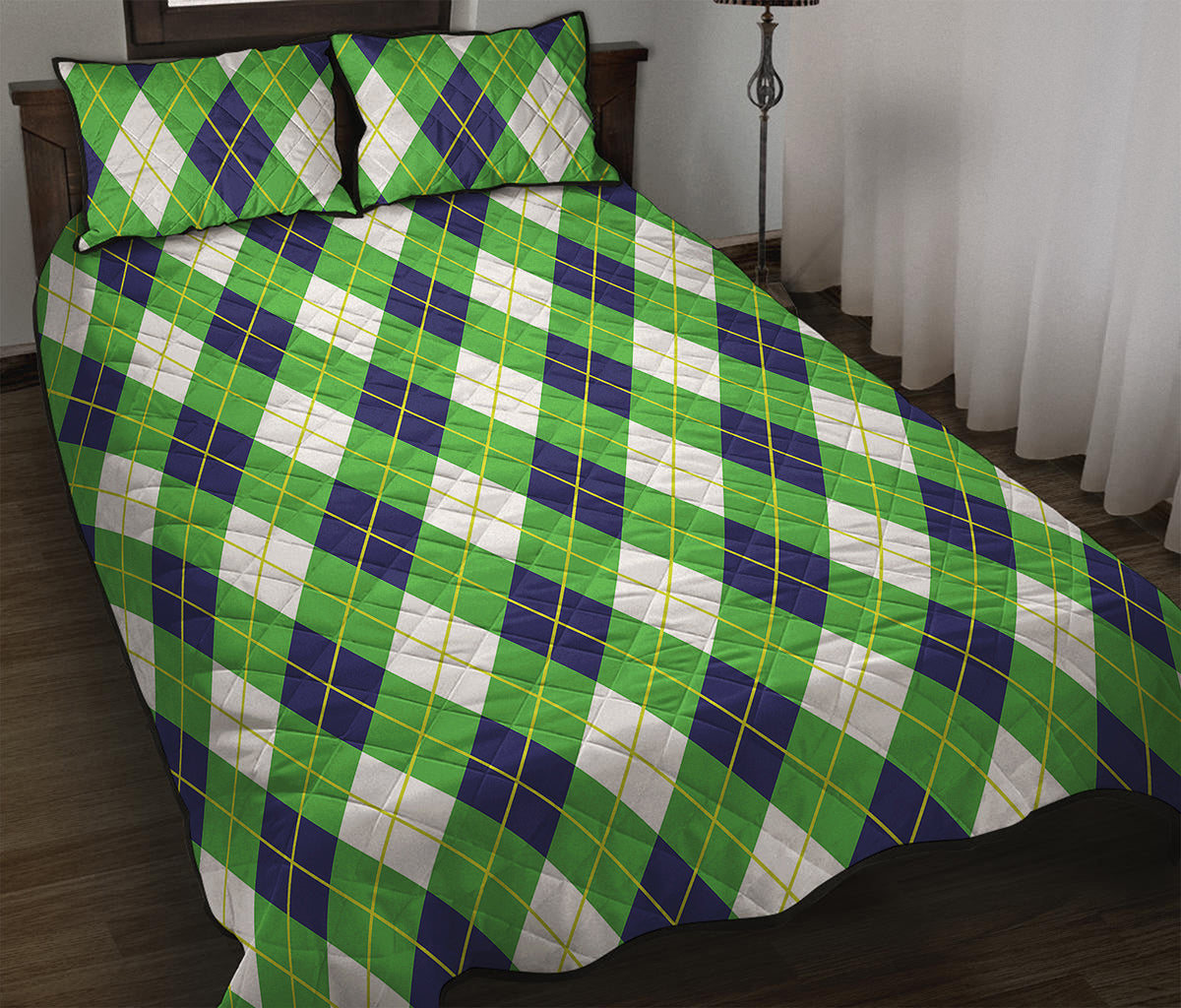 Green Navy And White Argyle Print Quilt Bed Set
