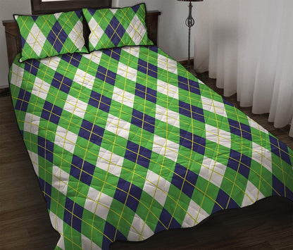 Green Navy And White Argyle Print Quilt Bed Set