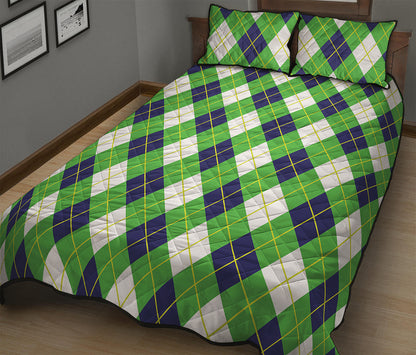 Green Navy And White Argyle Print Quilt Bed Set