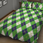Green Navy And White Argyle Print Quilt Bed Set