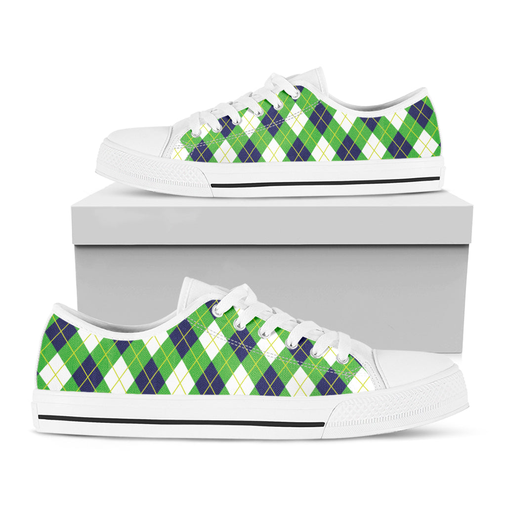 Green Navy And White Argyle Print White Low Top Shoes