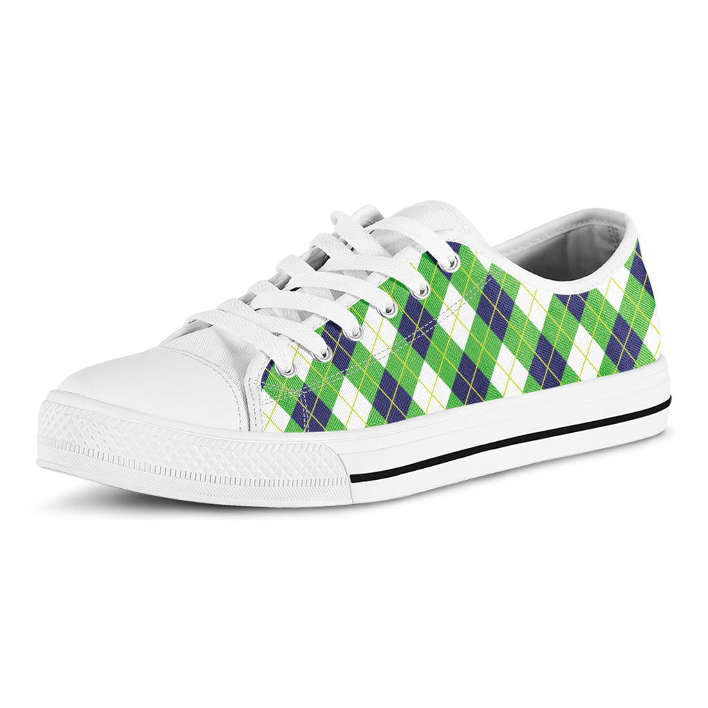 Green Navy And White Argyle Print White Low Top Shoes