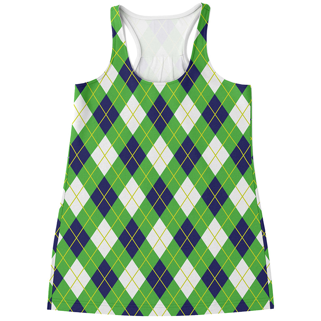 Green Navy And White Argyle Print Women's Racerback Tank Top