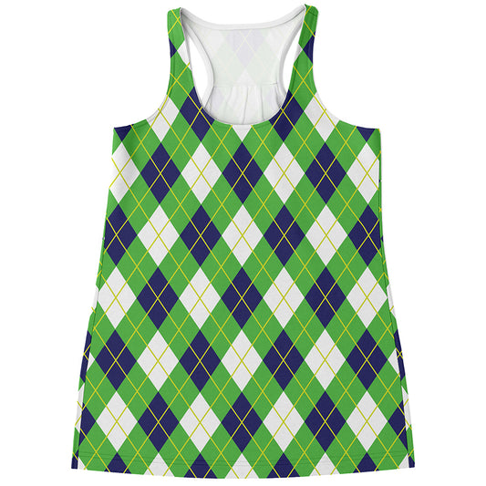 Green Navy And White Argyle Print Women's Racerback Tank Top
