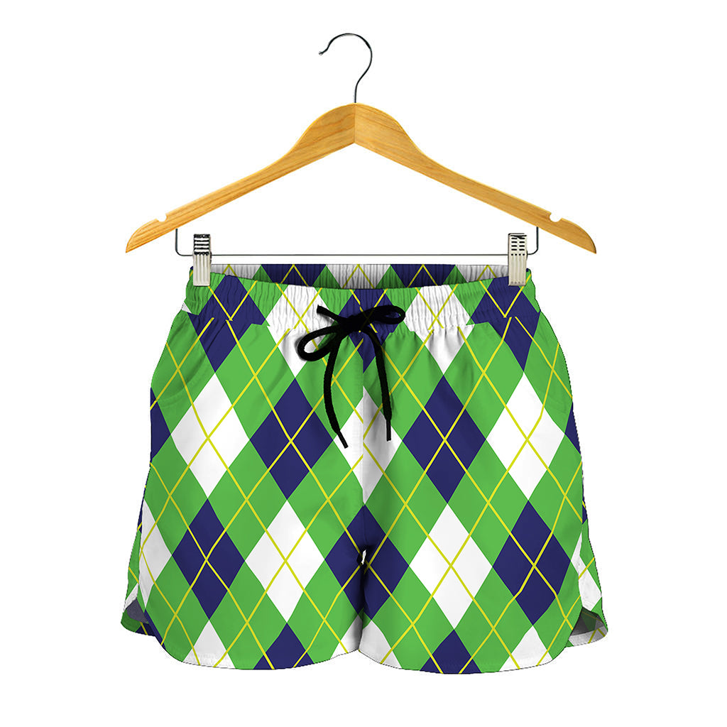 Green Navy And White Argyle Print Women's Shorts
