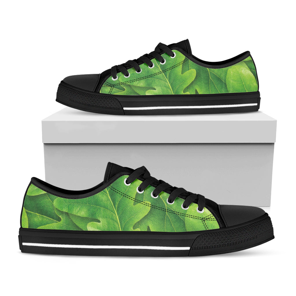 Green Oak Leaf Print Black Low Top Shoes