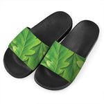 Green Oak Leaf Print Black Slide Sandals