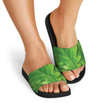 Green Oak Leaf Print Black Slide Sandals