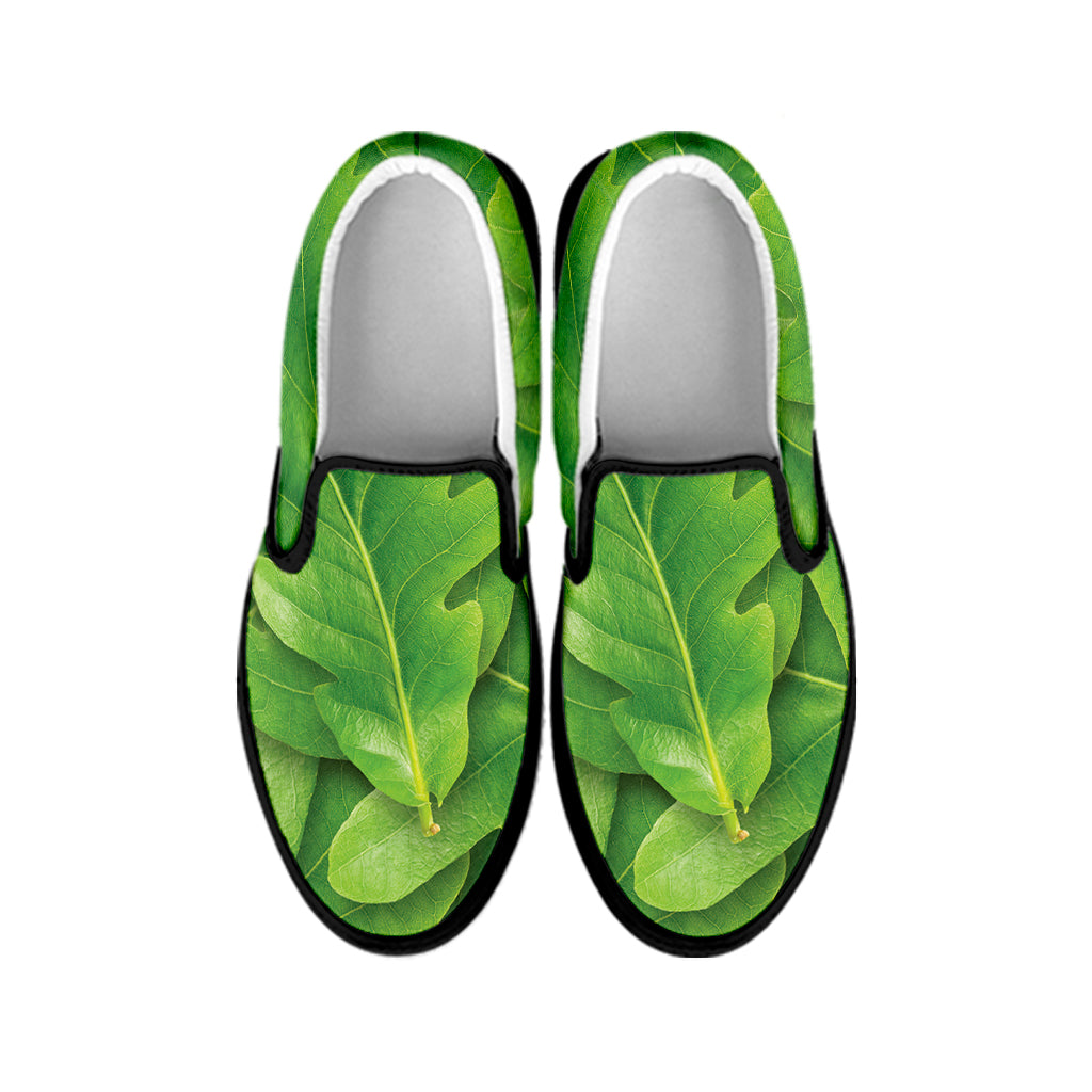 Green Oak Leaf Print Black Slip On Shoes
