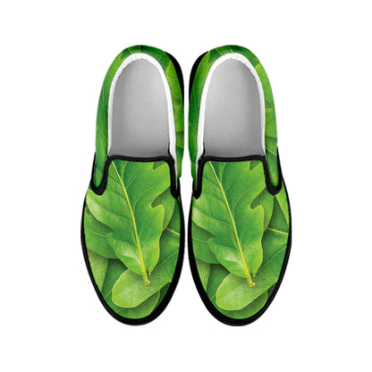 Green Oak Leaf Print Black Slip On Shoes