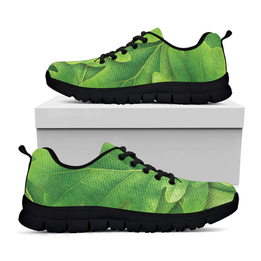 Green Oak Leaf Print Black Sneakers