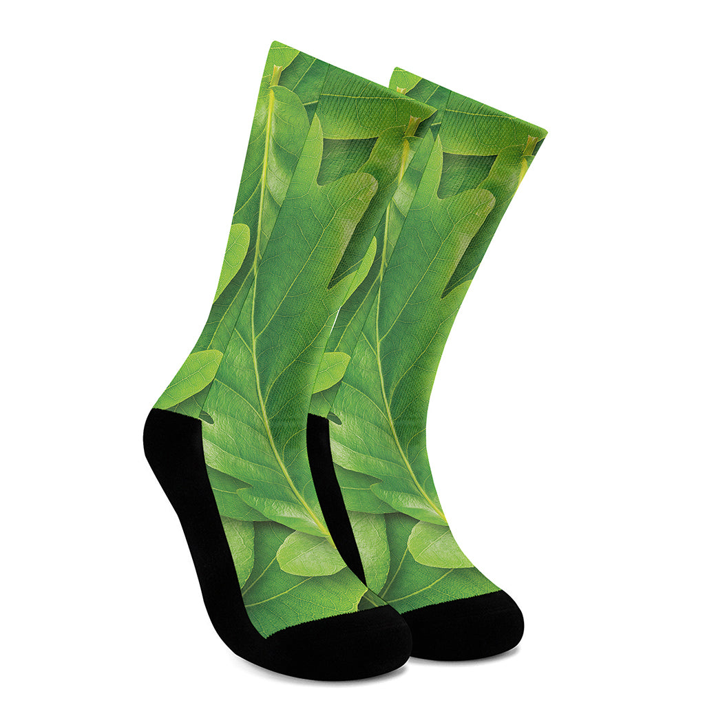 Green Oak Leaf Print Crew Socks