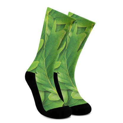 Green Oak Leaf Print Crew Socks
