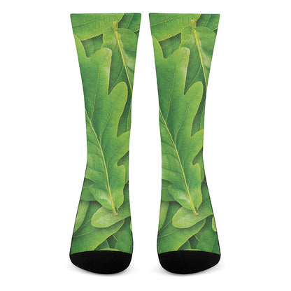 Green Oak Leaf Print Crew Socks