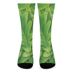 Green Oak Leaf Print Crew Socks