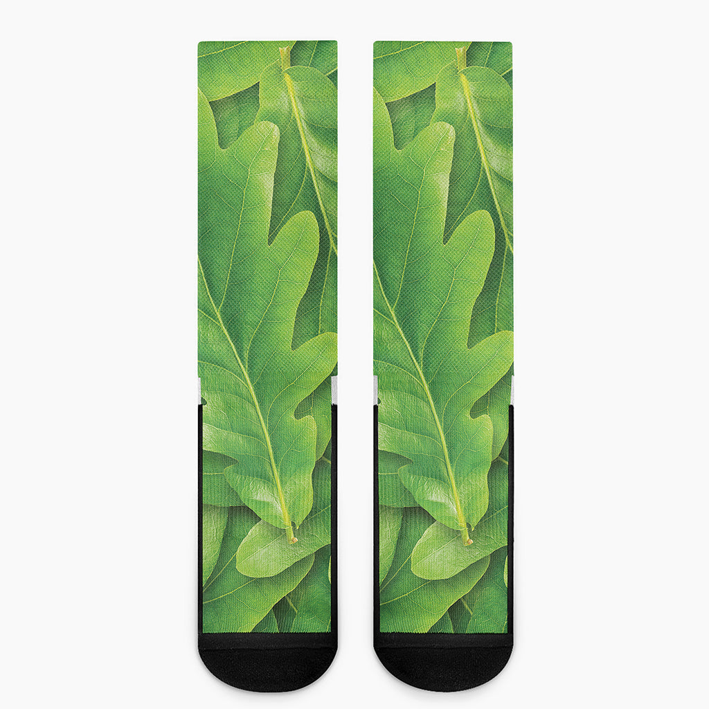 Green Oak Leaf Print Crew Socks