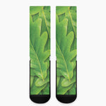 Green Oak Leaf Print Crew Socks