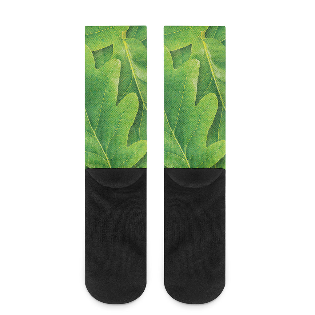 Green Oak Leaf Print Crew Socks