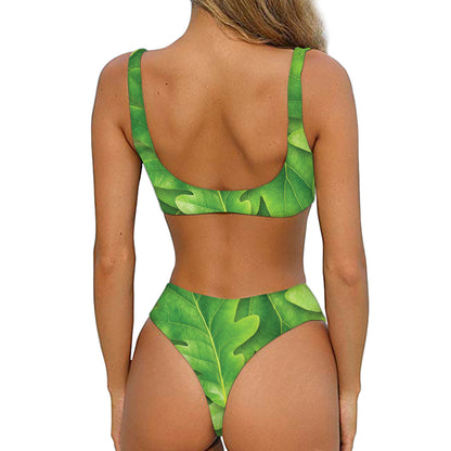 Green Oak Leaf Print Front Bow Tie Bikini