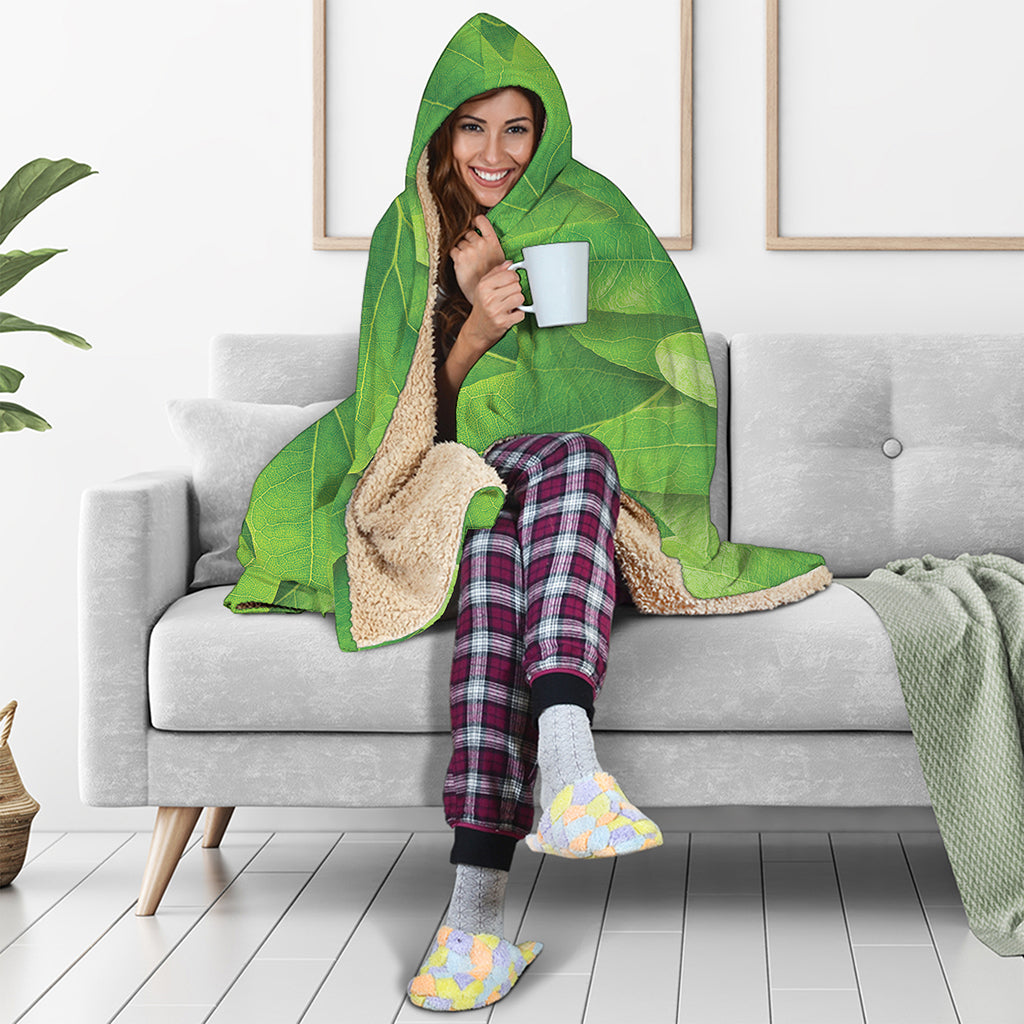 Green Oak Leaf Print Hooded Blanket