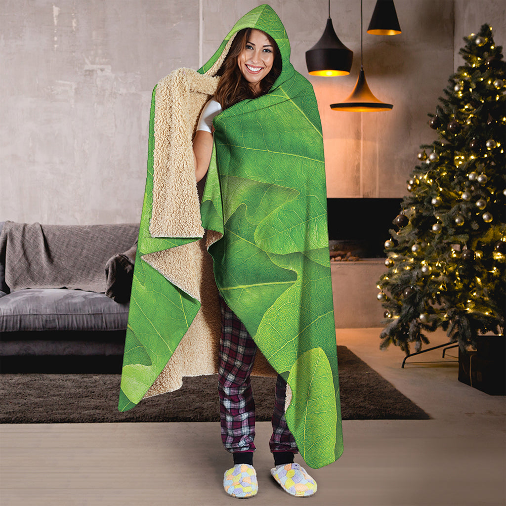 Green Oak Leaf Print Hooded Blanket