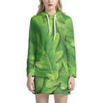 Green Oak Leaf Print Hoodie Dress