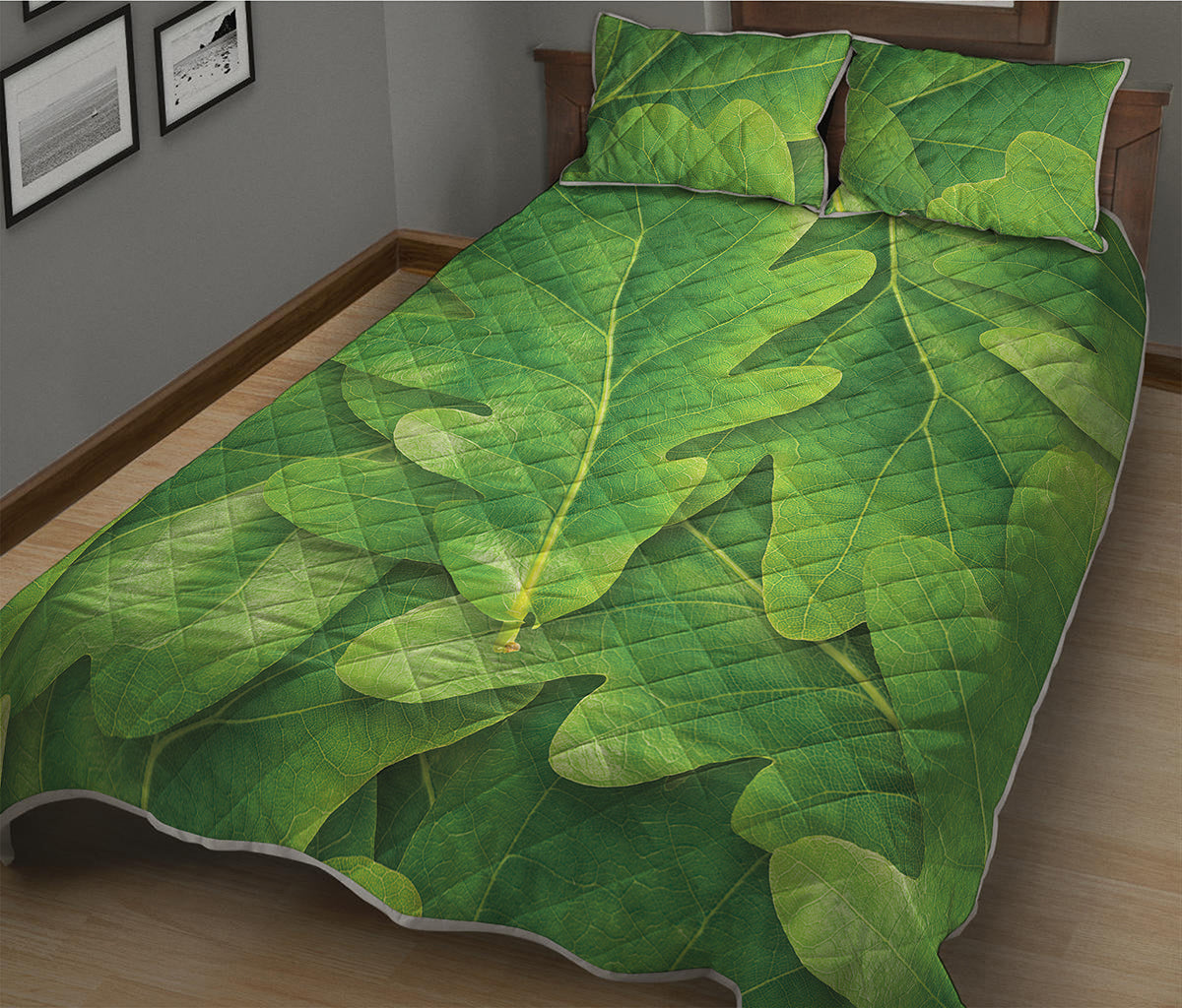 Green Oak Leaf Print Quilt Bed Set
