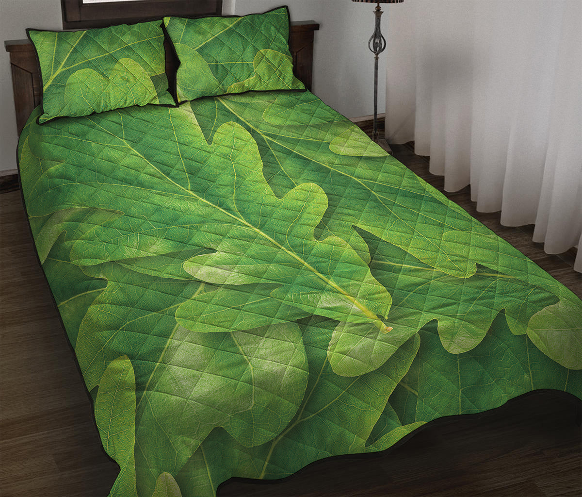 Green Oak Leaf Print Quilt Bed Set