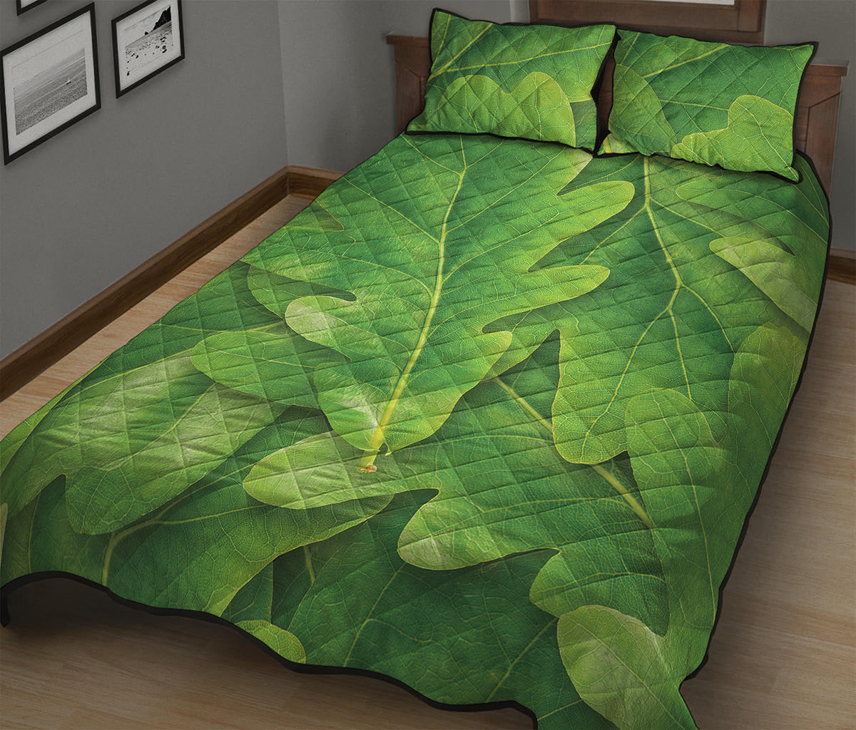 Green Oak Leaf Print Quilt Bed Set