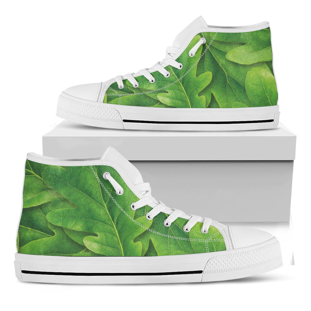 Green Oak Leaf Print White High Top Shoes