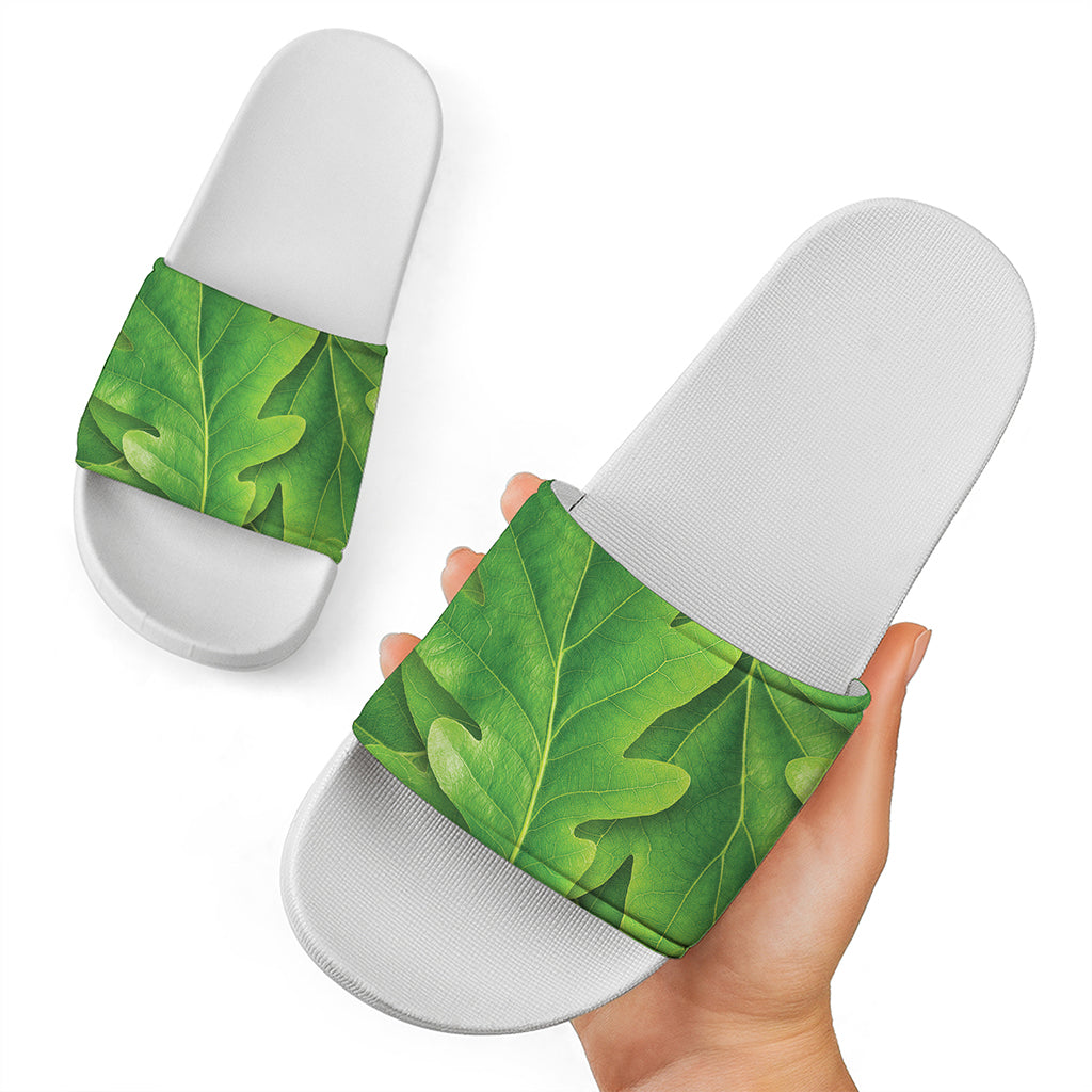 Green Oak Leaf Print White Slide Sandals