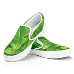 Green Oak Leaf Print White Slip On Shoes
