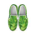 Green Oak Leaf Print White Slip On Shoes