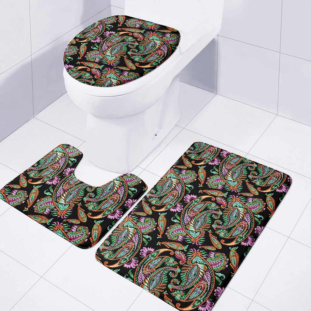 Green Orange And Pink Paisley Print 3 Piece Bath Mat Set