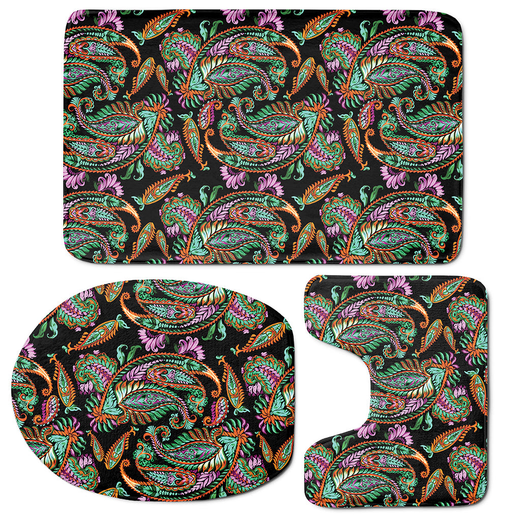 Green Orange And Pink Paisley Print 3 Piece Bath Mat Set