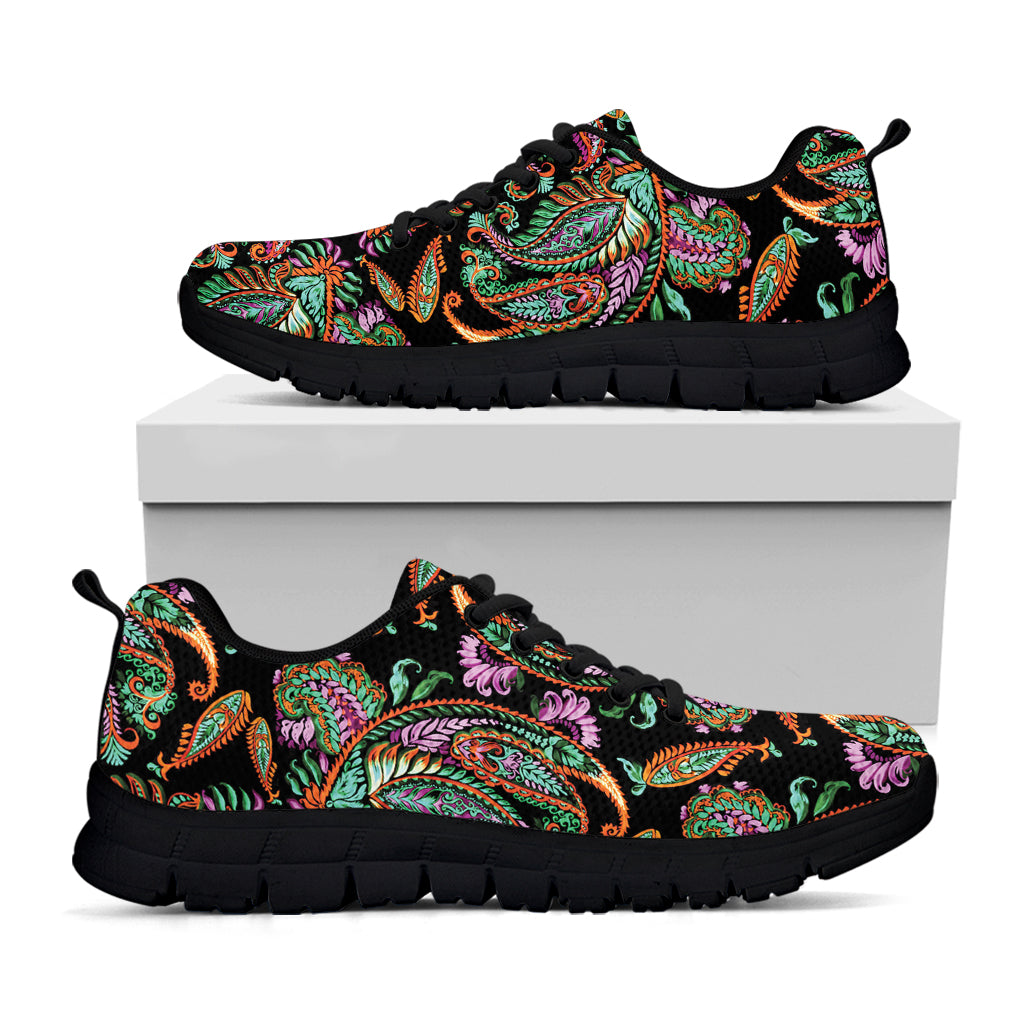 Green Orange And Pink Paisley Print Black Sneakers