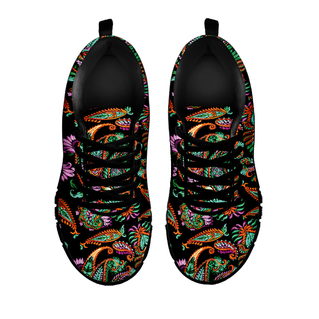 Green Orange And Pink Paisley Print Black Sneakers