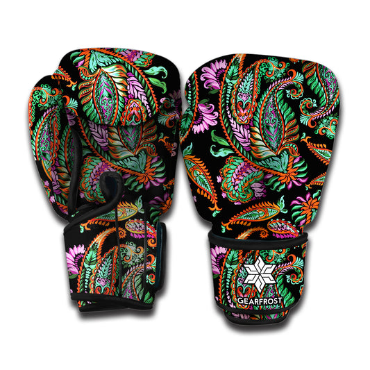 Green Orange And Pink Paisley Print Boxing Gloves