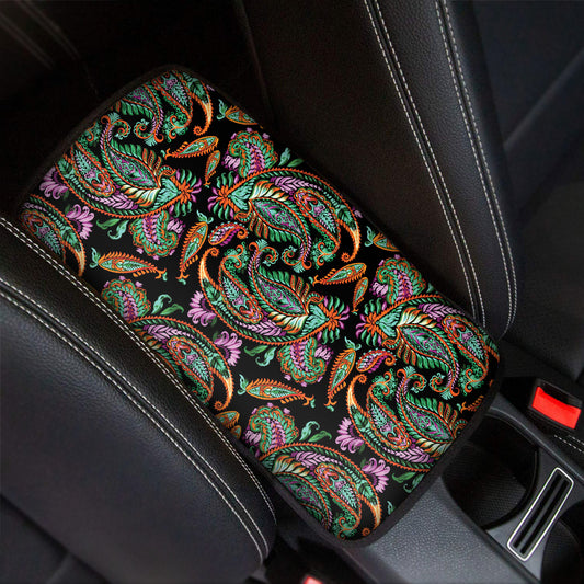 Green Orange And Pink Paisley Print Car Center Console Cover