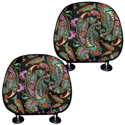 Green Orange And Pink Paisley Print Car Headrest Covers