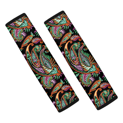Green Orange And Pink Paisley Print Car Seat Belt Covers