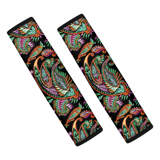 Green Orange And Pink Paisley Print Car Seat Belt Covers