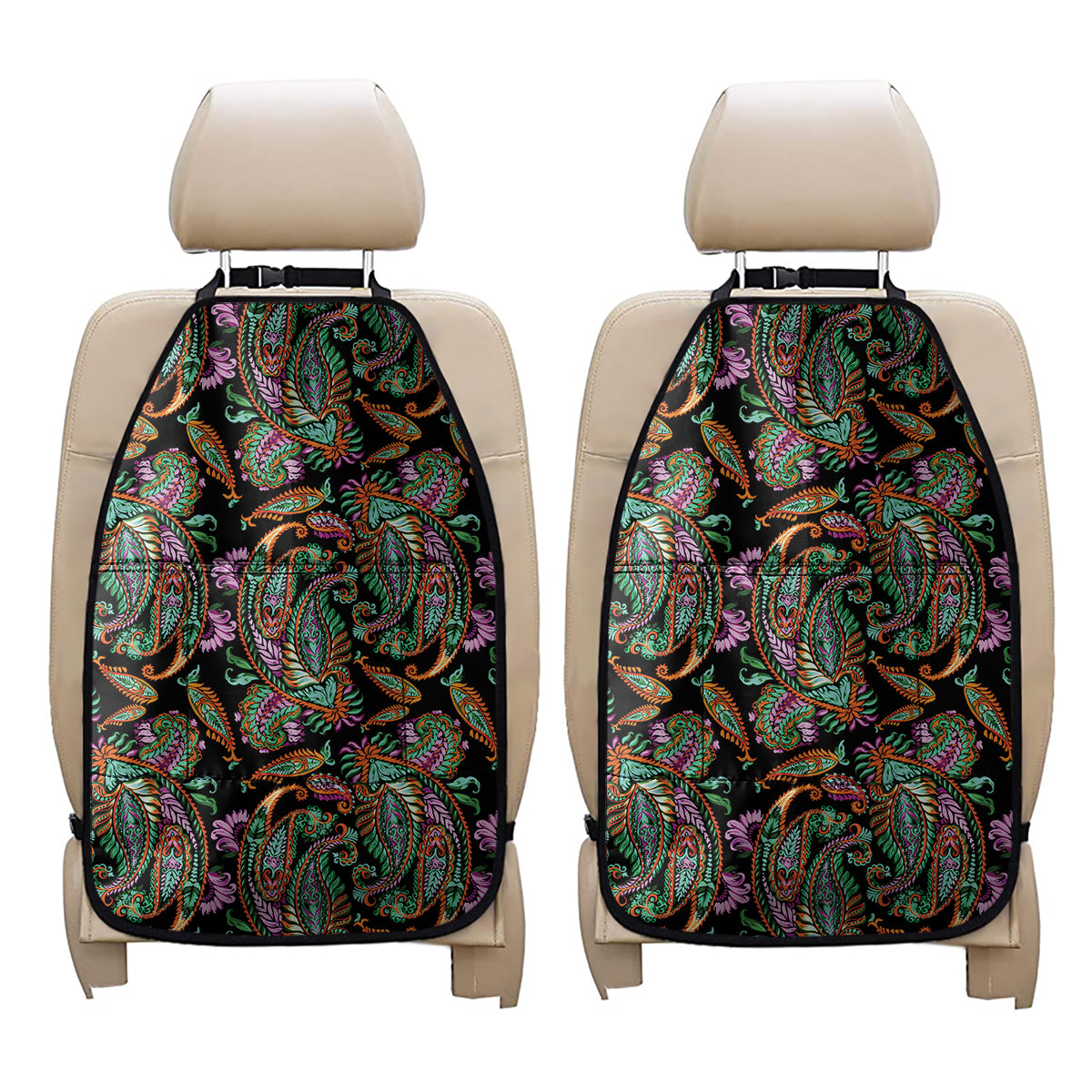 Green Orange And Pink Paisley Print Car Seat Organizers