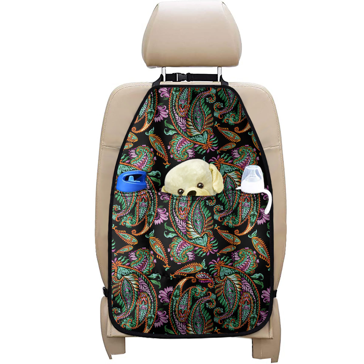Green Orange And Pink Paisley Print Car Seat Organizers