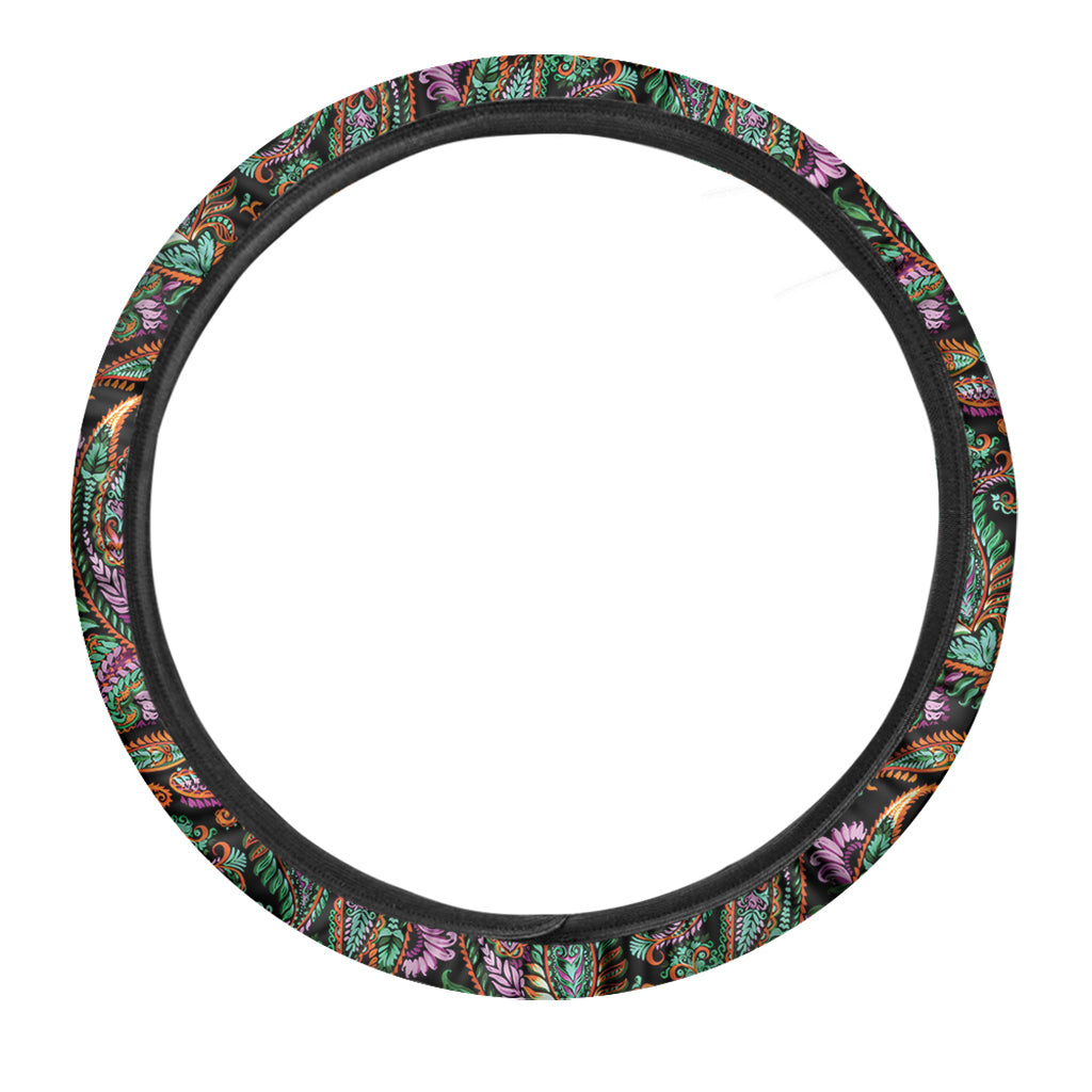 Green Orange And Pink Paisley Print Car Steering Wheel Cover