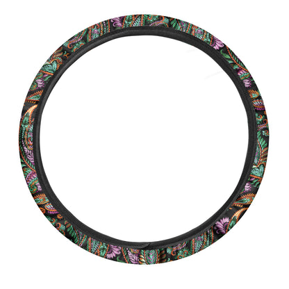 Green Orange And Pink Paisley Print Car Steering Wheel Cover