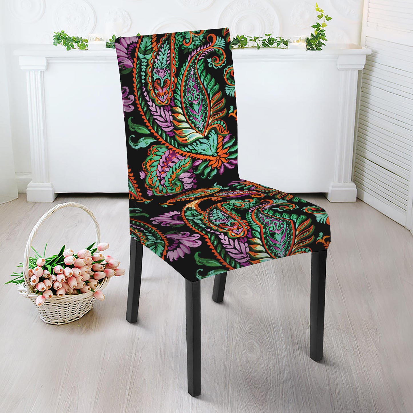 Green Orange And Pink Paisley Print Dining Chair Slipcover